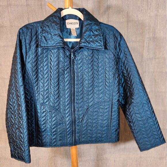 Chicos $149 Medium Metallic Aqua Blue Quilted Lightweight Zip Jacket - Picture 1 of 8